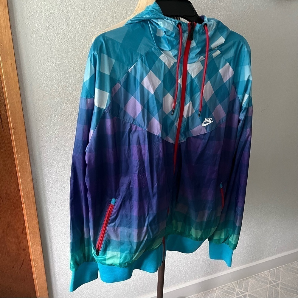 NIKE sz XL Gingham Windrunner Full Zip Windbreaker Jacket Blue Purple